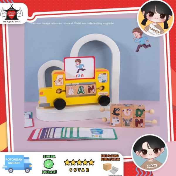 Mainan fun wooden reading block car, Mainan spelling phonics