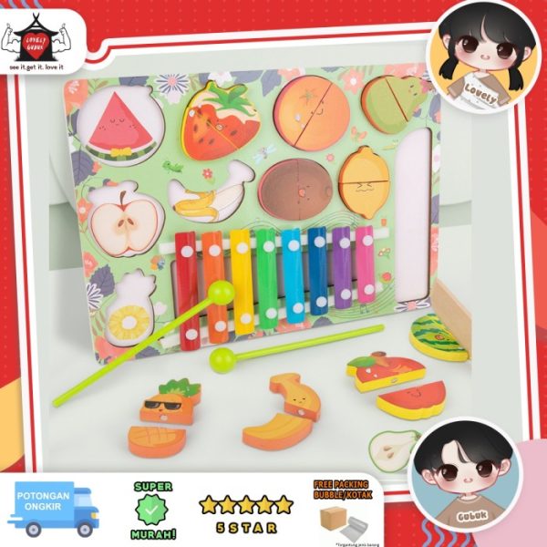 Mainan potong-potong sayur kayu xylophone 3 in 1, Wooden fruit cutting