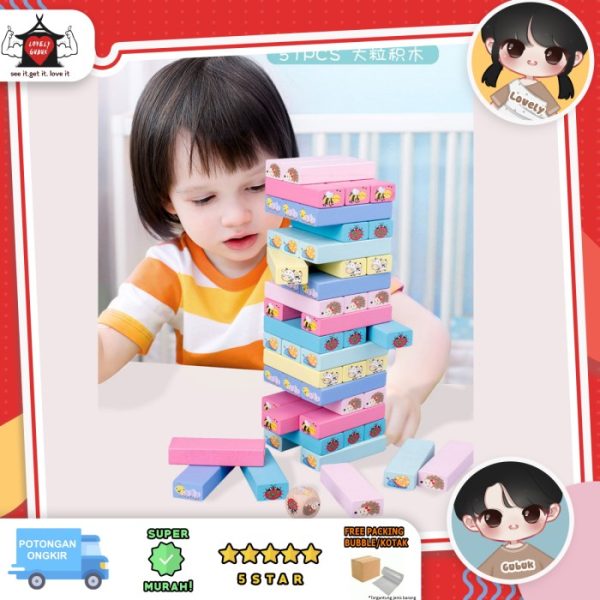 Mainan jenga stacking wooden block, Susun balok jenga karakter animal