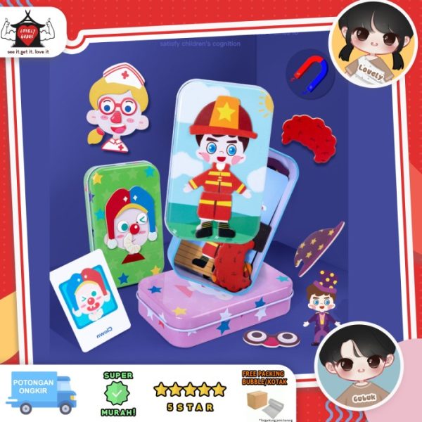 Mainan puzzle magnet mix and match kaleng, Mainan ekspresi kostum anak