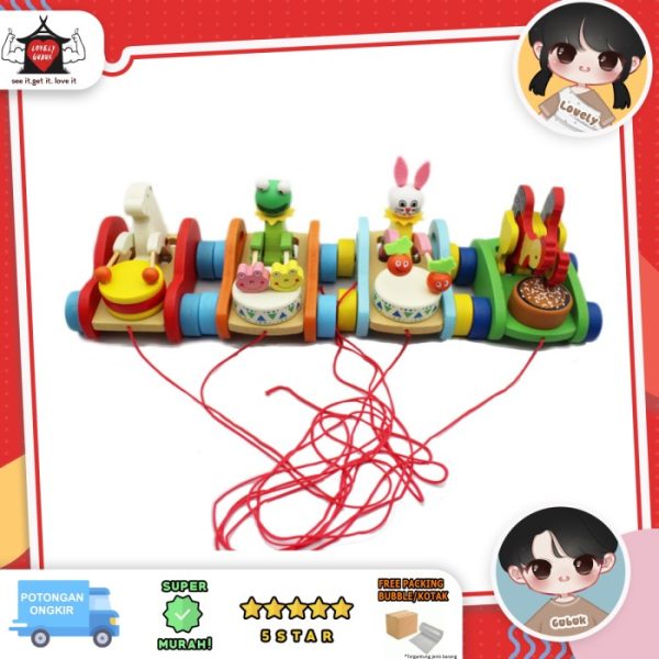 Mainan pull and go drum wooden toys, Mainan tarik kereta beruang anak