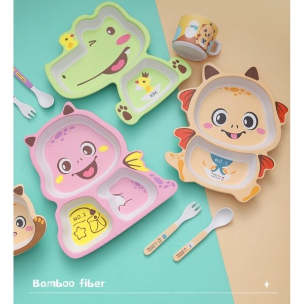 Bamboo kids set, Piring mangkok bambu anak, peralatan makan dinosaurus