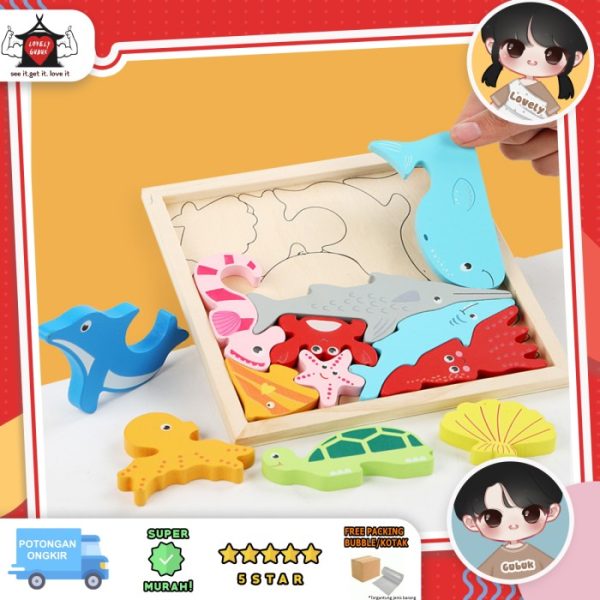 Puzzle 3D animal angka anak, Puzzle cocokkan bentuk kayu anak