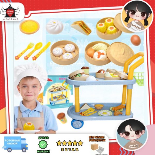 Mainan dimsum food tray trolly, Mainan troli makanan dim sum anak