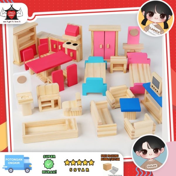 Mainan kayu mini furniture, Wooden small furniture pretend play