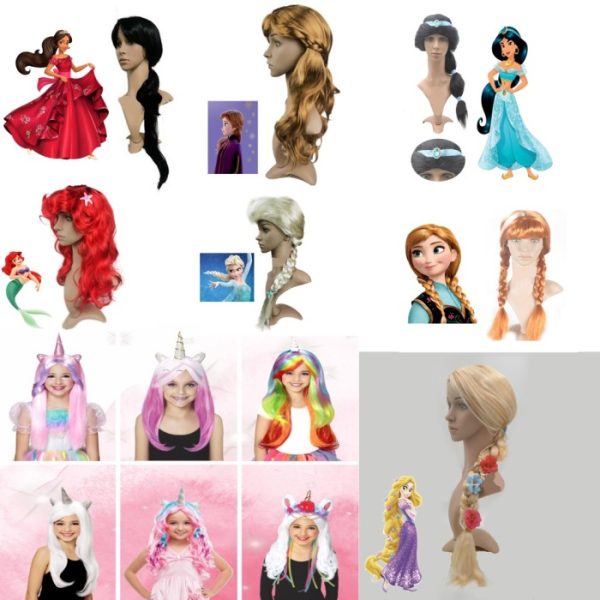 Wig rambut palsu princess unicorn anak, Cosplay rambut palsu putri