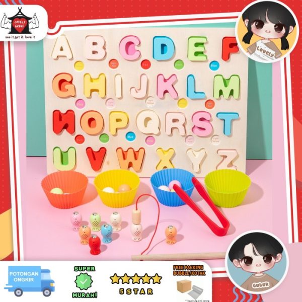 Puzzle huruf angka kelereng sumpit anak, Mainan puzzle 3 in 1 pancing