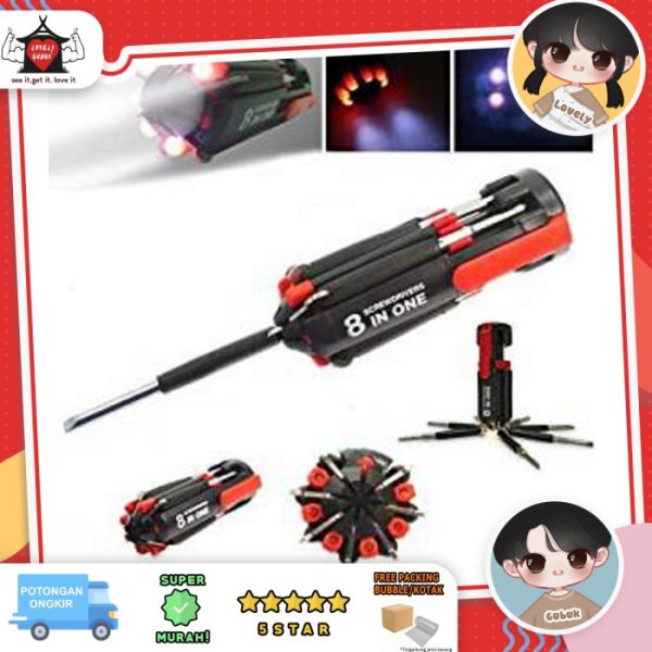 Obeng 8 in 1 6 in 1, Obeng dengan lampu, LED screwdriver