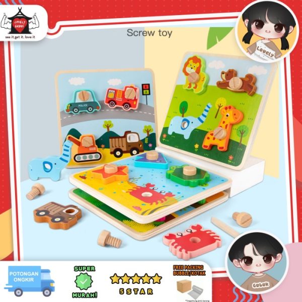 Mainan puzzle kayu baut drill baut obeng putar anak, Puzzle baut anak