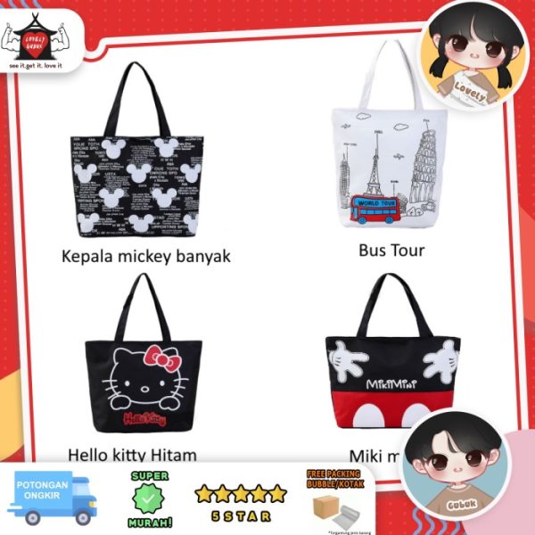 Tas kanvas kartun, tote bag murah kartun lucu