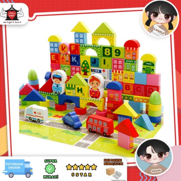 Mainan blok kayu 160 pcs set, Mainan wood block transportasi, Wooden