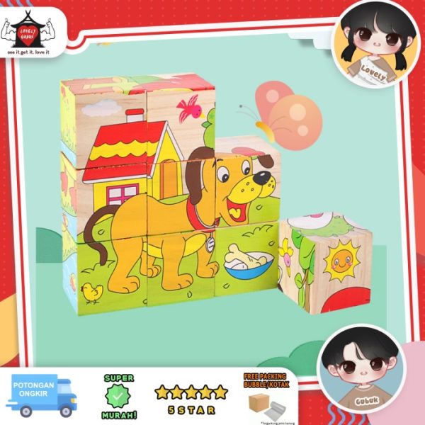 Puzzle balok kayu kabus susun 6 gambar, Wooden cartoon Block cube