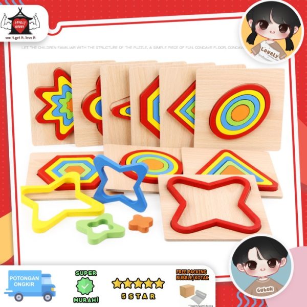 Mainan puzzle geometri bentuk anak, Wooden geometry puzzle