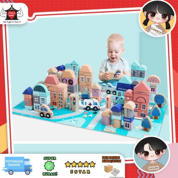 Mainan puzzle blok, wood block transportasi 108 150 pcs, wooden puzzle