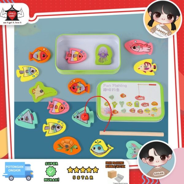 Mainan pancing ikan magnet kaleng,Wooden fishing toys fun fishing game