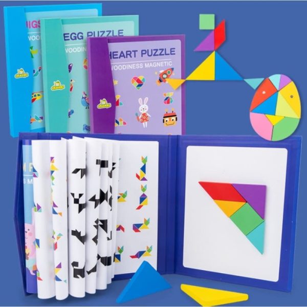 Puzzle tangram wooden blocks, Magnetic tangram puzzle kayu bentuk