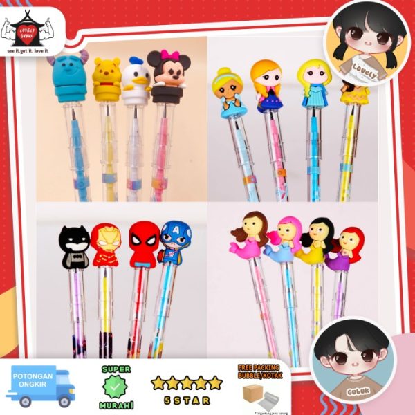 Pensil mermaid, Pensil susun, Bullet pencil superhero mickey minnie