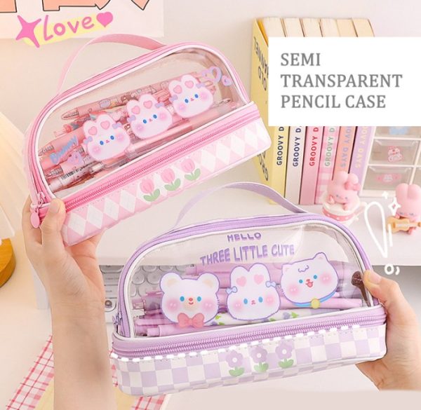 Kotak pensil transparan 2 tingkat lucu anak, 2 tier transparent pencil