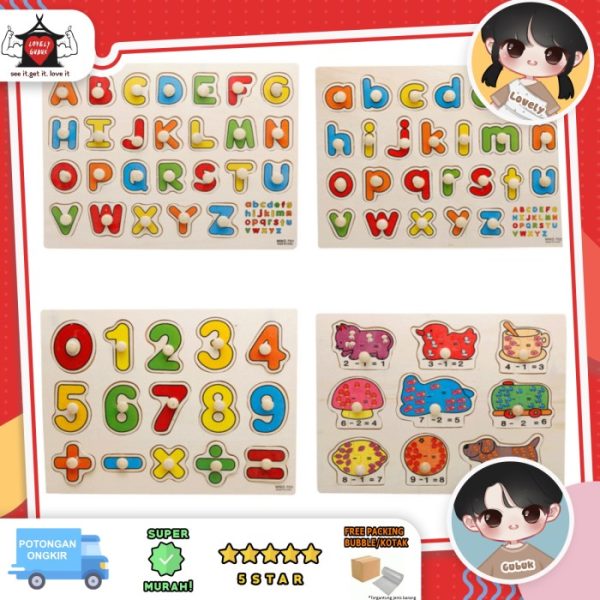 [MWZ]Puzzle kayu anak, Puzzle mainan Knob, Puzzle kayu knop huruf