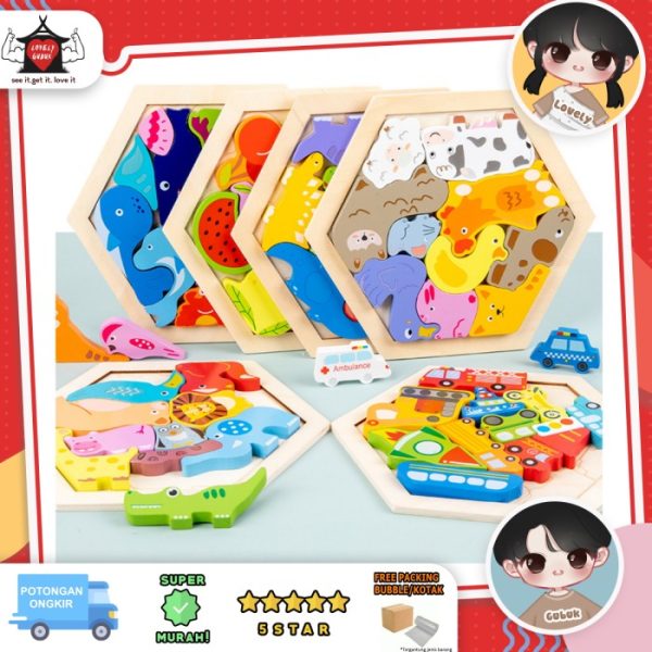 Puzzle 3D hexagon animal angka anak, Puzzle cocokkan bentuk kayu anak