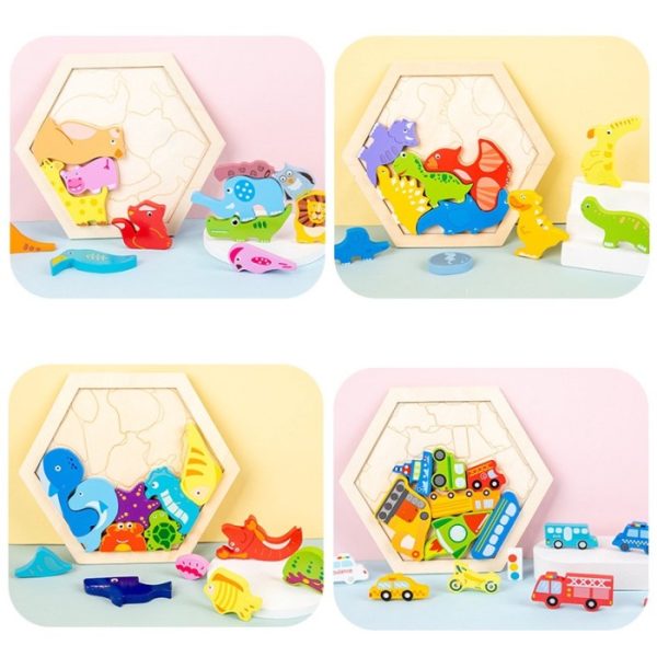 Puzzle 3D hexagon animal angka anak, Puzzle cocokkan bentuk kayu anak - Image 2