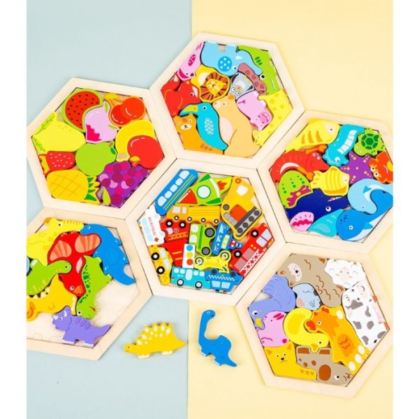 Puzzle 3D hexagon animal angka anak, Puzzle cocokkan bentuk kayu anak - Image 4