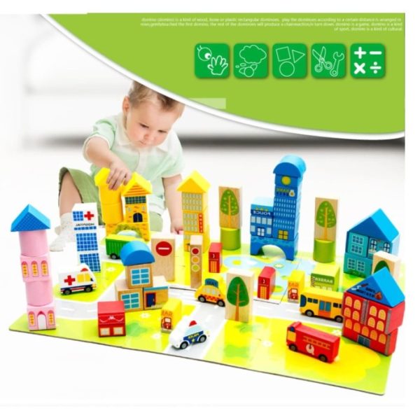 Mainan blok kayu 62 pcs set, Mainan wood block transportasi, Wooden