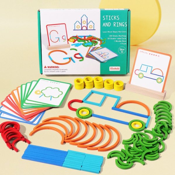 Mainan wooden puzzle kayu sticks and rings, Mainan montessori bentuk