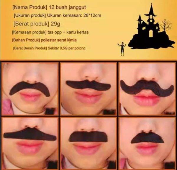 Tempelan kumis palsu 12 pcs set, Mainan cosplay kumis mustache lucu - Image 3