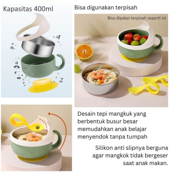 Set Mangkok Makan Anak Bayi Anti Tumpah dilengkapi Mangkok Stainless - Image 3