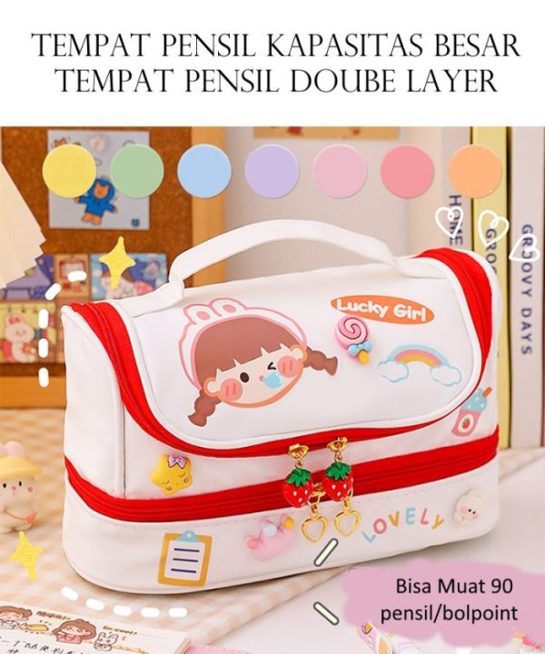 Kotak pensil 2 tingkat kapasitas besar, Tempat Pensil Motif kartun Lucu Double Layer