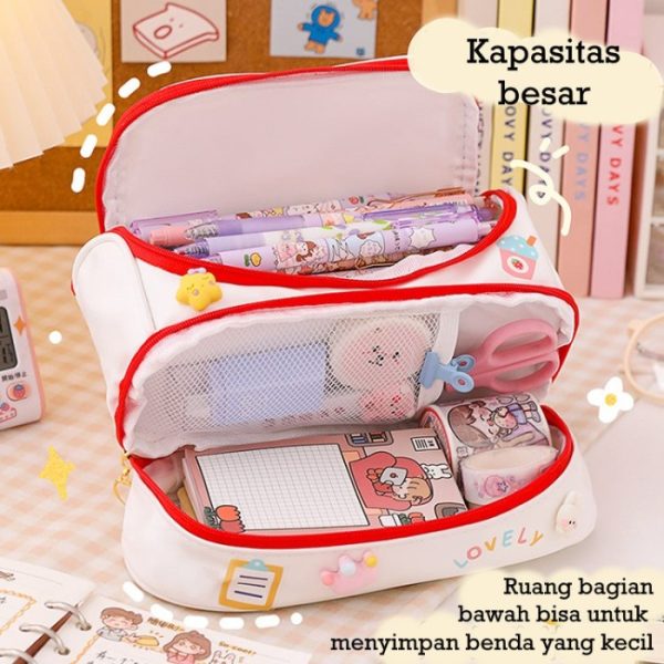 Kotak pensil 2 tingkat kapasitas besar, Tempat Pensil Motif kartun Lucu Double Layer - Image 4