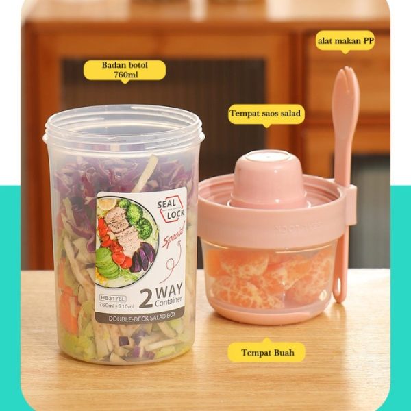 Double layer Plastic Food Container, 4in1 Wadah Salad, Double Deck Salad Box - Image 3