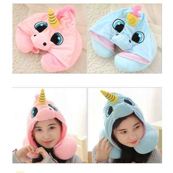 [LOGU] Bantal leher dengan topi unicorn, Bantal leher penutup kepala travel kartun