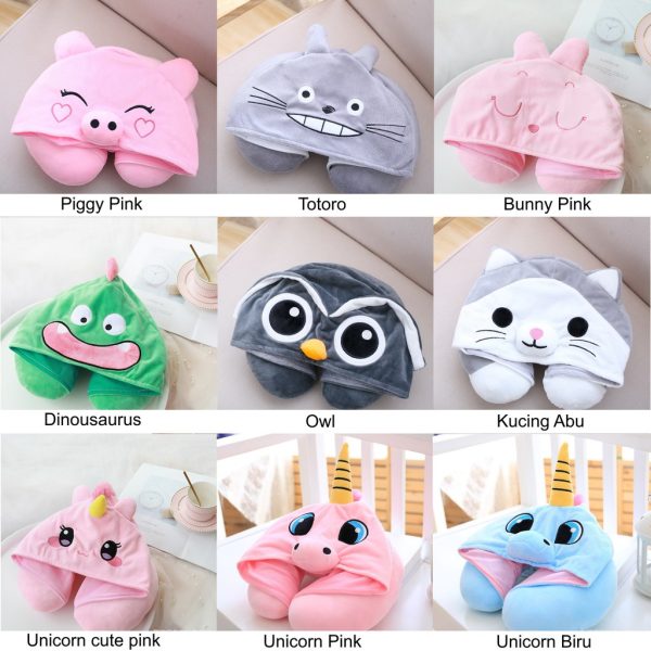 [LOGU] Bantal leher dengan topi unicorn, Bantal leher penutup kepala travel kartun - Image 2