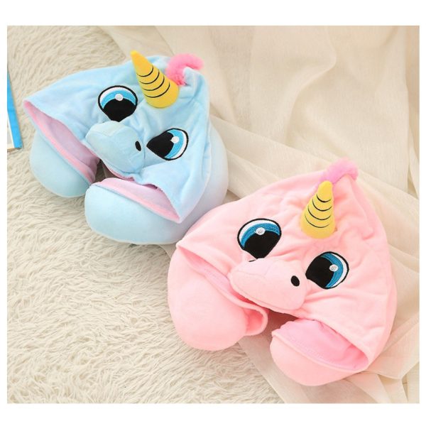 [LOGU] Bantal leher dengan topi unicorn, Bantal leher penutup kepala travel kartun - Image 4